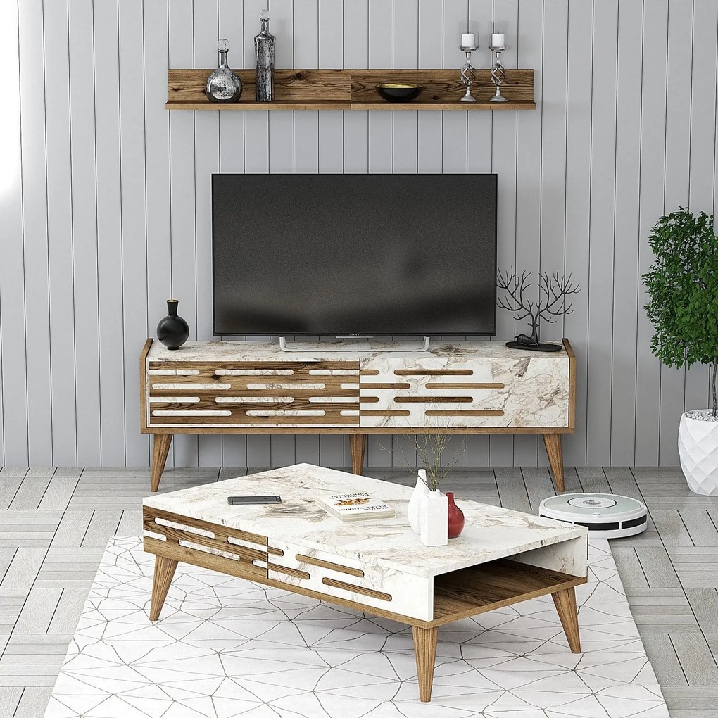 Conjunto de Mobiliário de Sala de Estar Valensiya – Nogueira e Branco