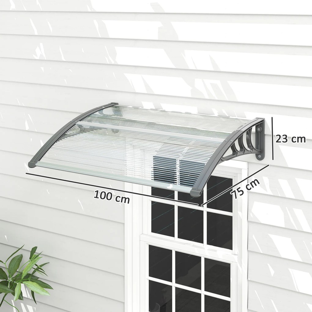 Marquise para Portas e Janelas 100x75 cm Toldo de Proteção contra Sol e Chuva com Cobertura de Policarbonato e Barra de Alumínio Transparente