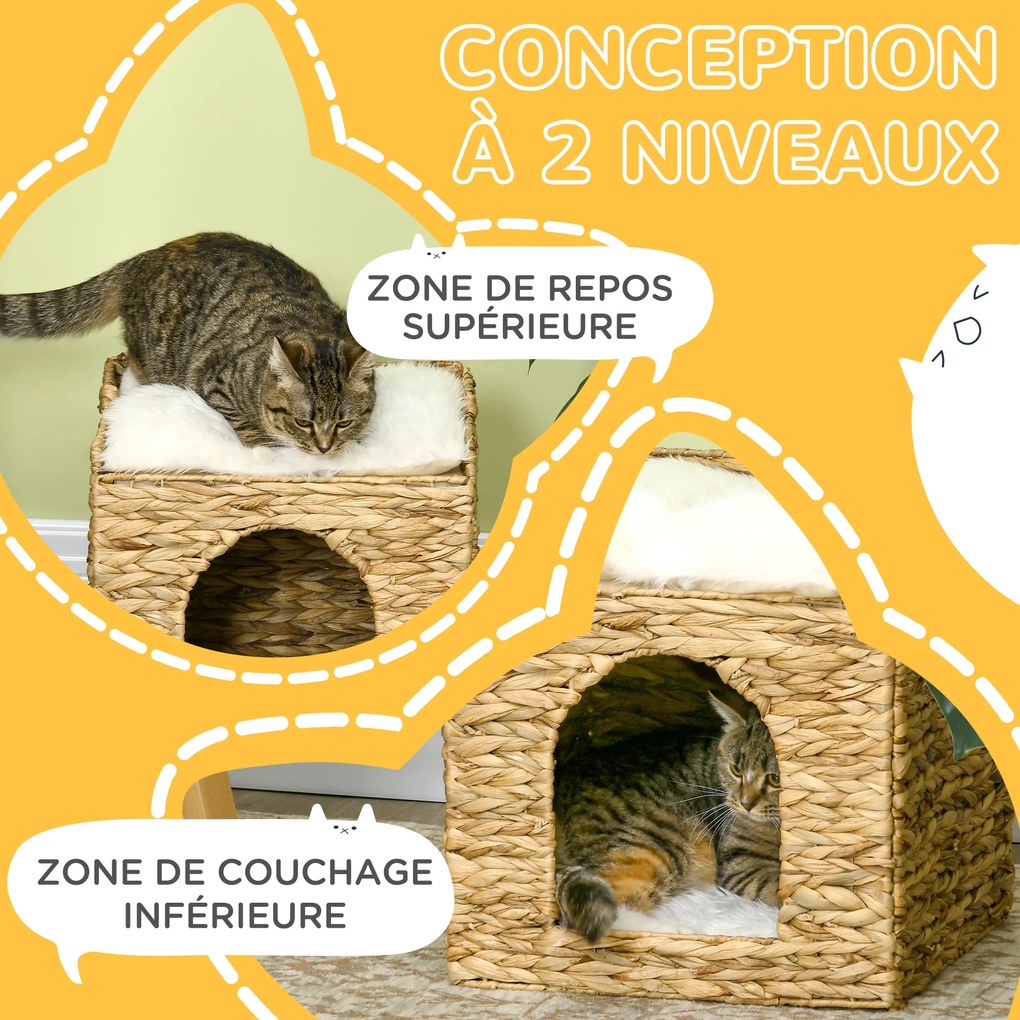 Compartimento aberto para gatos de 2 andares com 2 almofadas em jacinto-d'água - 37,5 x 37,5 x 41,5 cm castanho-creme