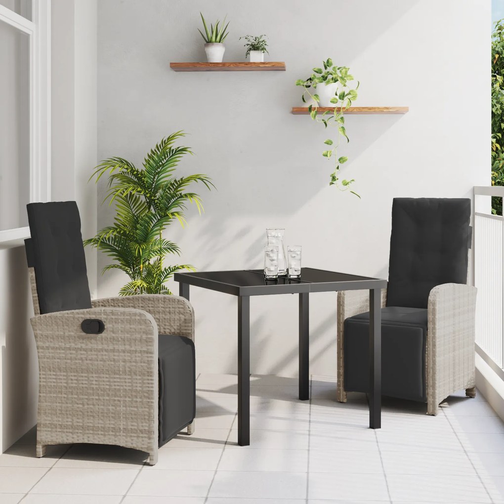vidaXL Conjunto de Jantar de Jardim de 3 Peças com Almofadas Rattan Fibrado Cinza Claro