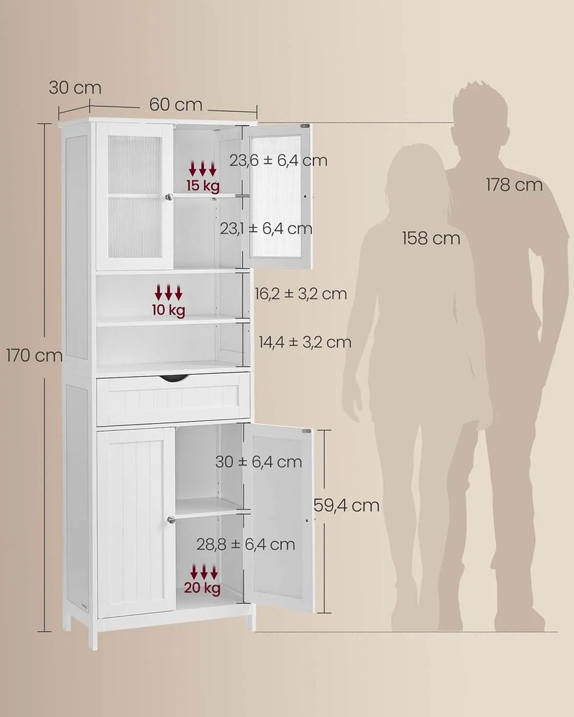 Armário de casa de banho com prateleiras 30 x 60 x 170 cm, gaveta e compartimentos abertos Branco