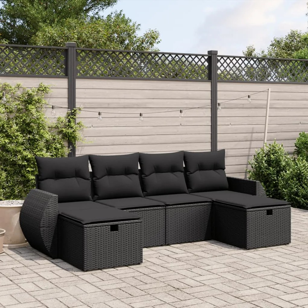vidaXL 6 pcs conjunto sofás de jardim c/ almofadões vime PE preto