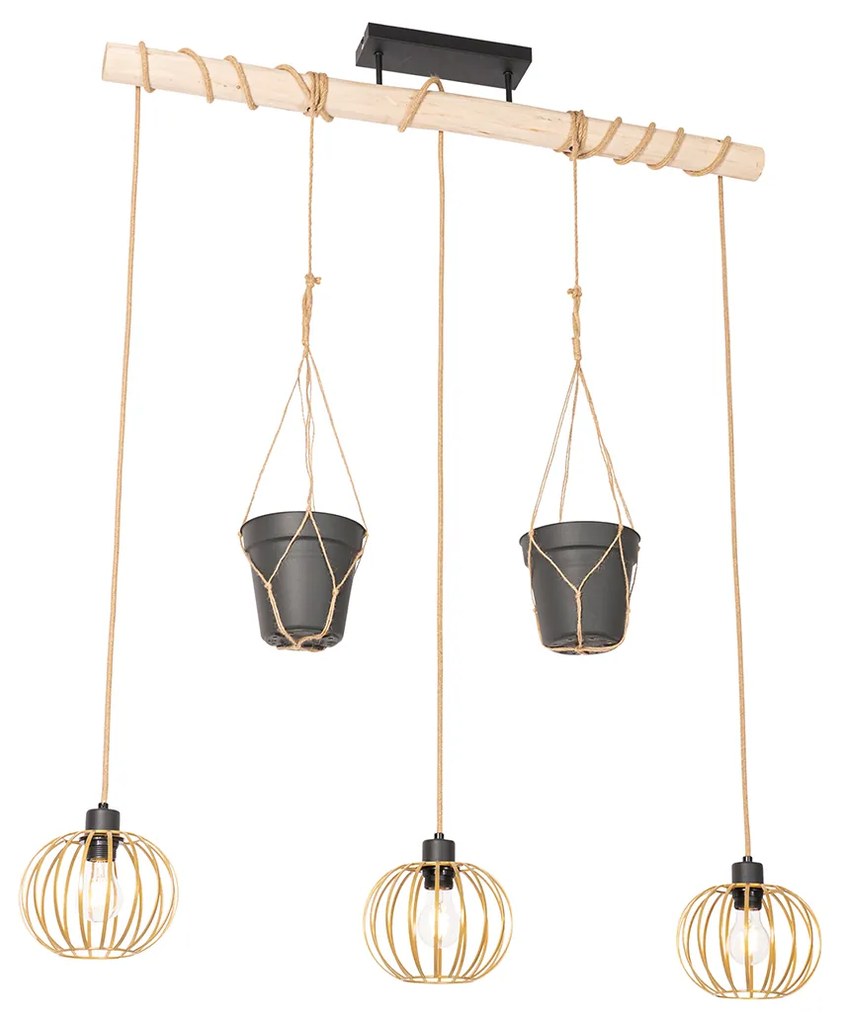 Candeeiro de suspensão rústico dourado com madeira 3 luzes - Yura