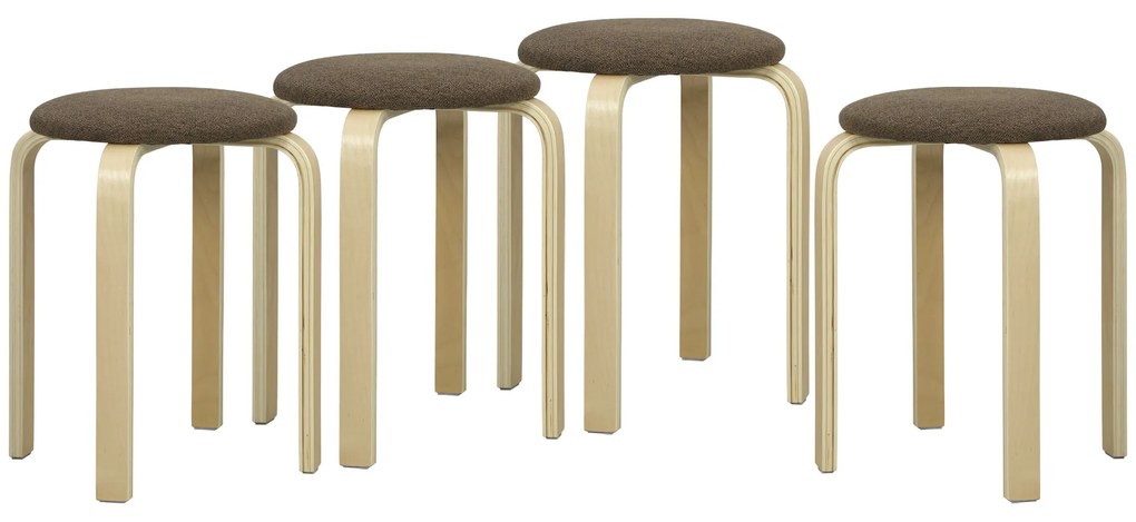 HOMCOM Conjunto de 4 Bancos Empilháveis Redondos Bancos Baixos de Cozinha com Assento Acolchoado Ø40x45 cm Marrom e Madeira | Aosom Portugal