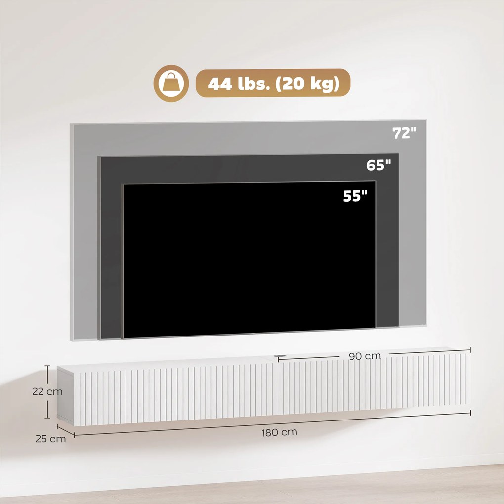 Móvel de TV suspenso 180 x 25 x 22 cm, móvel para televisor de 72 polegadas, 2 portas rebatíveis, branco