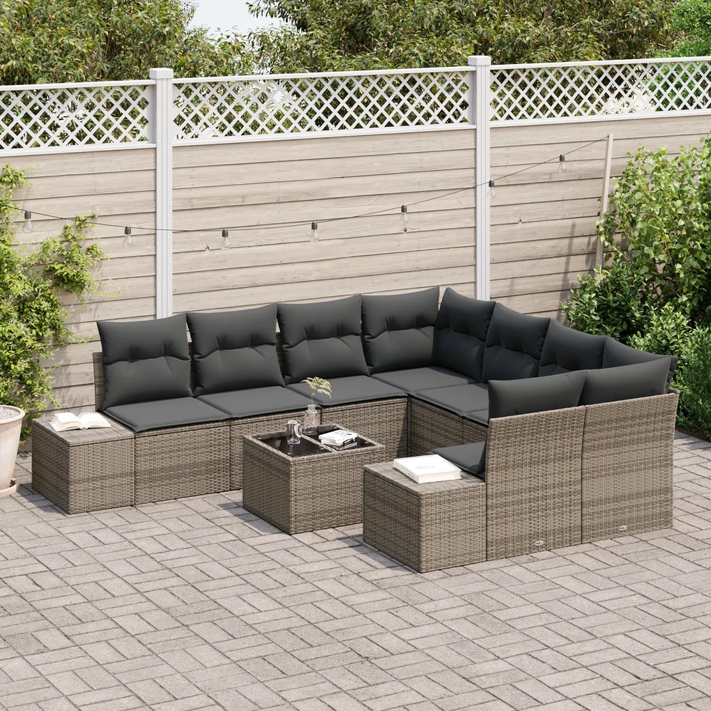 Conjunto de Sofás de Jardim de 9 Peças com Almofadas Cinzento Vime PE