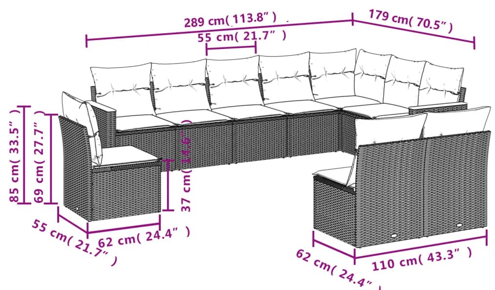 10 pcs conjunto de sofás p/ jardim com almofadões vime PE bege