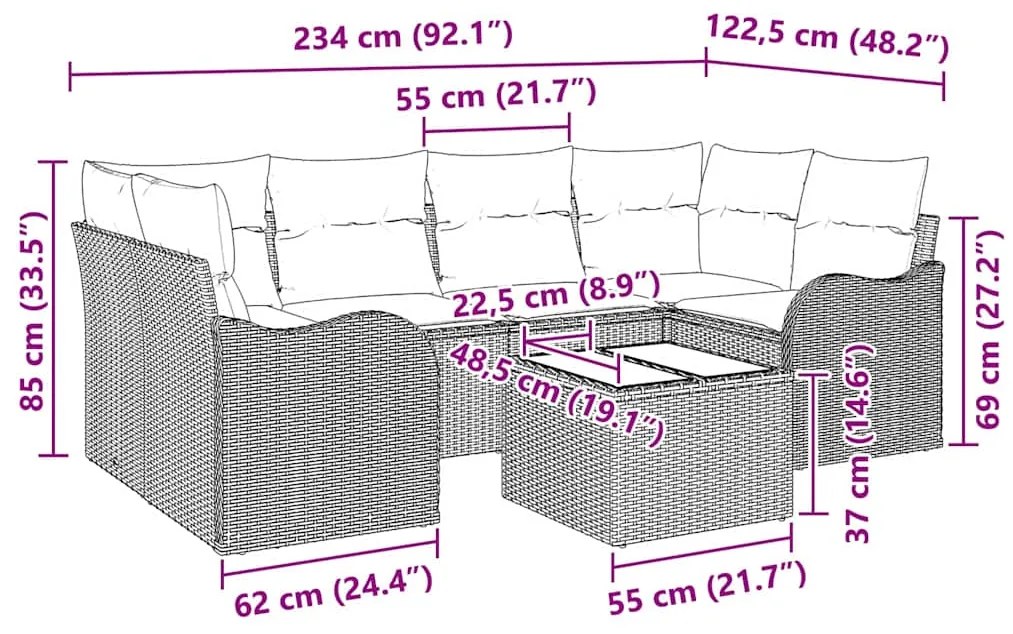 Conjunto de Sofá de Jardim vidaXL com 7 Peças e Cushions Rattan Sintét