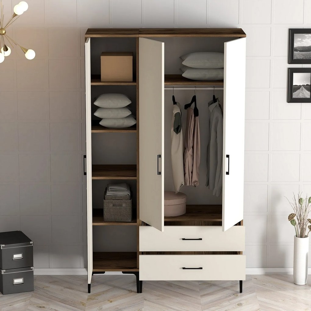 Roupeiro Kumsal PT – Nogueira e Creme – 120x47,5x201,4 cm