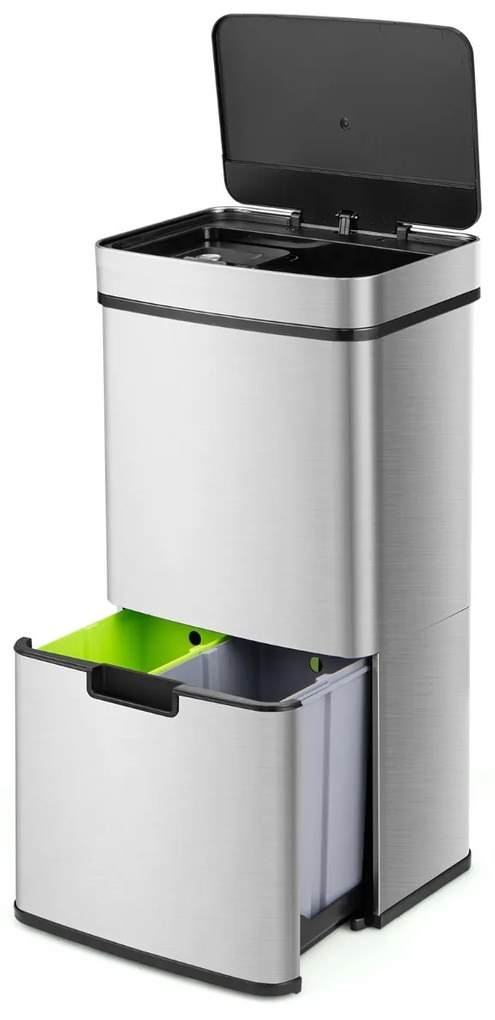 Lixeira de aço inoxidável 56L, reciclagem sem contato, preta