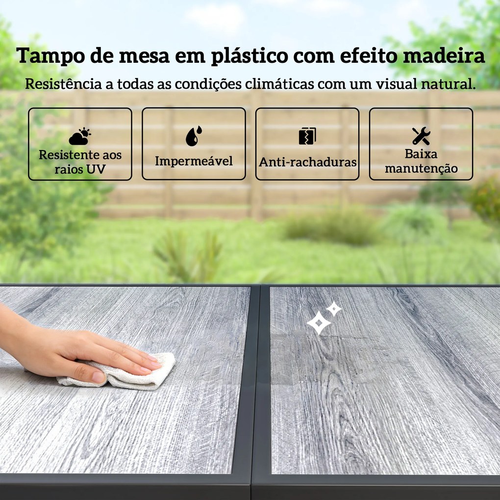 Conjunto de Mesa e Cadeiras de Jardim de 7 Peças com Mesa com Efeito Madeira e 6 Cadeiras com Assento Respirável Preto