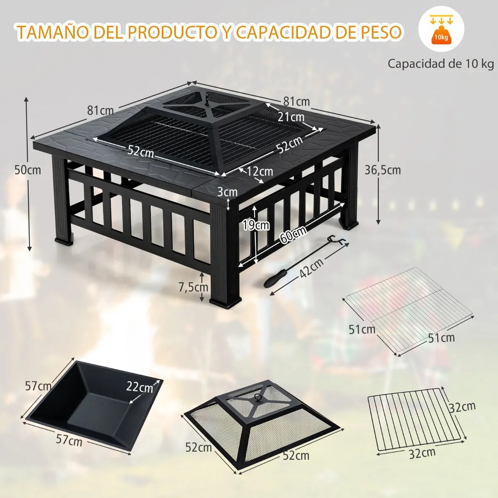 Braseiro de exterior Mesa de 81 cm quadrados de madeira Braseiro 3 em 1 Grelha de lenha e Churrasqueira para Picnic Camping  Preto