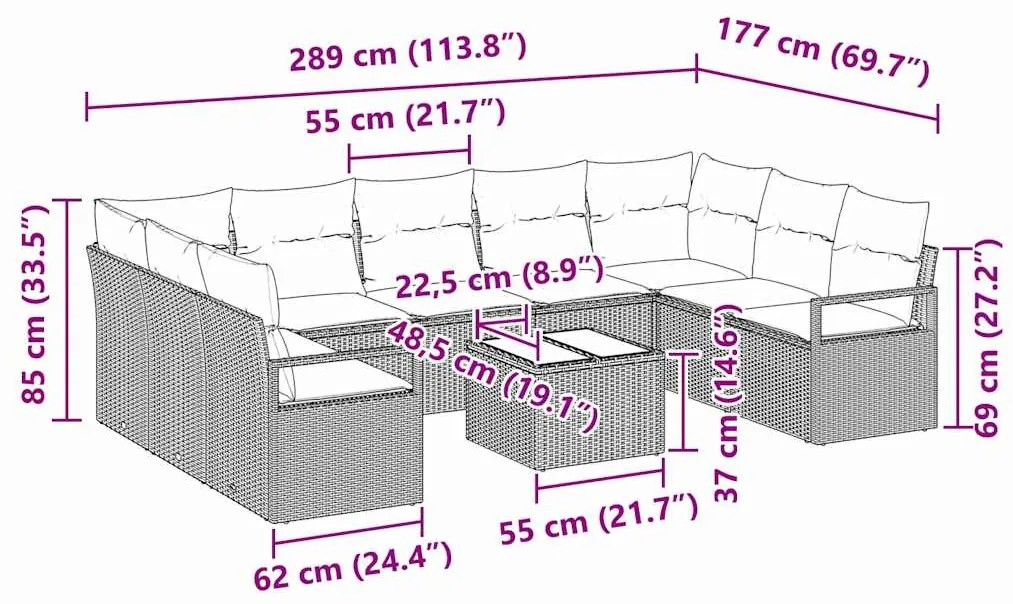 Conjunto de Sofá de Jardim com 10 peças e almofadas marrons em rattan