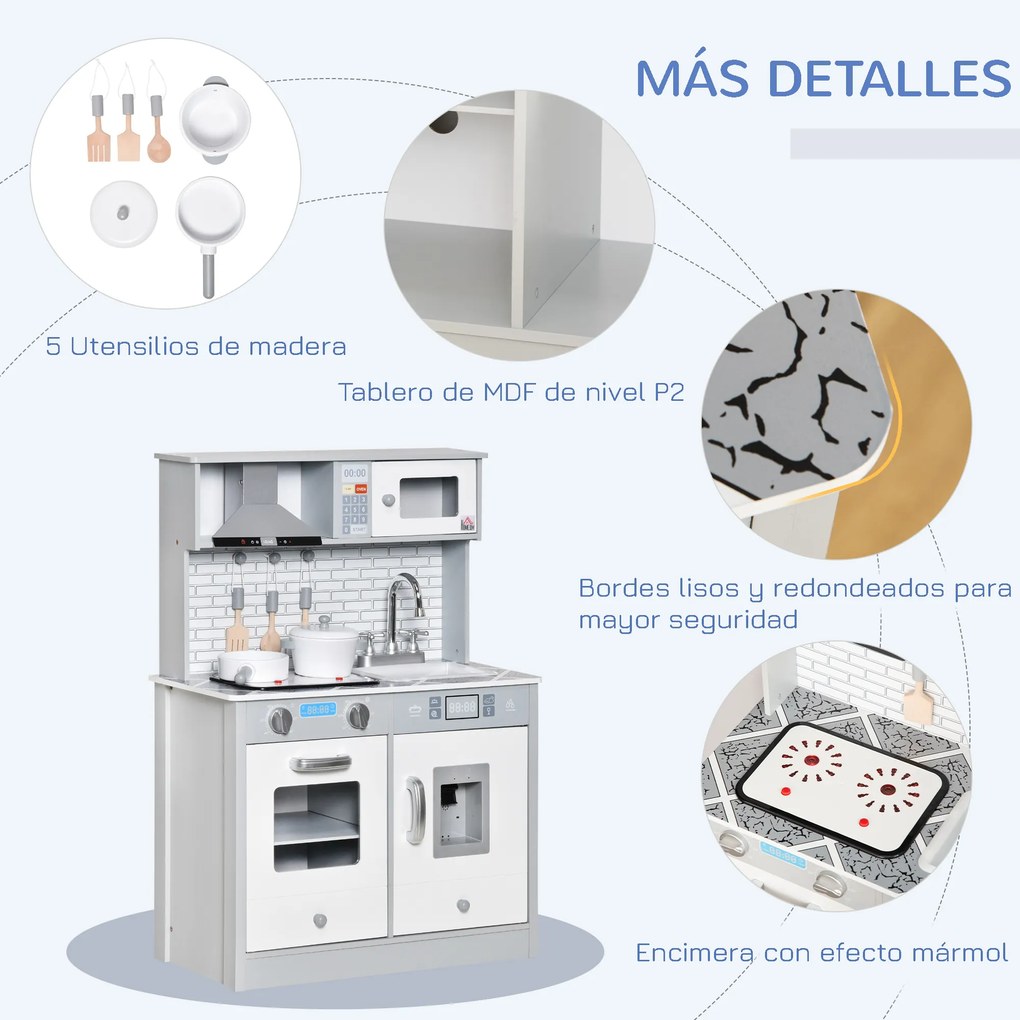 HOMCOM Cozinha Infantil de Madeira para Crianças acima de 3 Anos Cozinha de Madeira Infantil com Luz Sons Acessórios Utensílios Exaustor Lavatório e Microondas 60x29x84cm Cinza