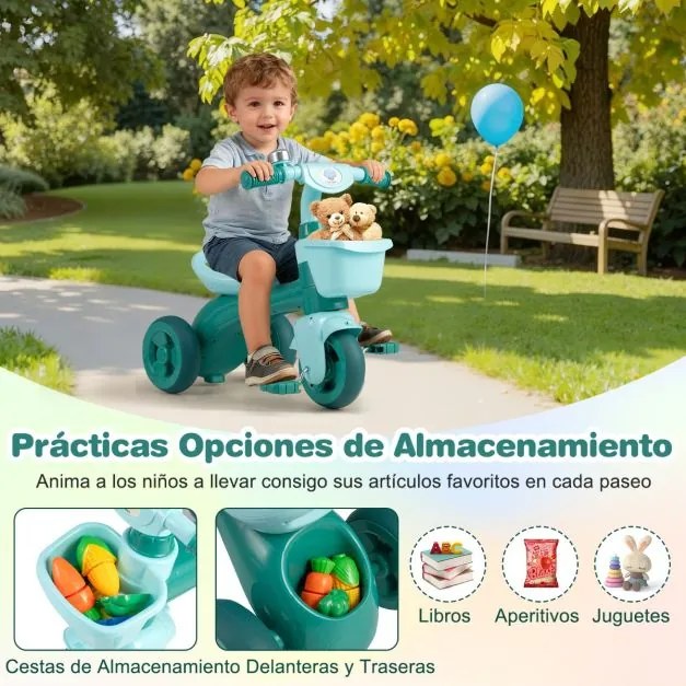 Triciclo para crianças com direção limitada, assento ergonómico, cestos dianteiro e traseiro e campainha para 3-5 anos, verde
