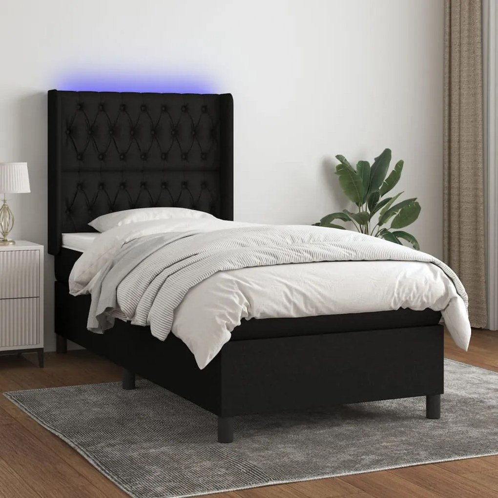 Cama box spring c/ colchão e LED 80x200 cm tecido preto