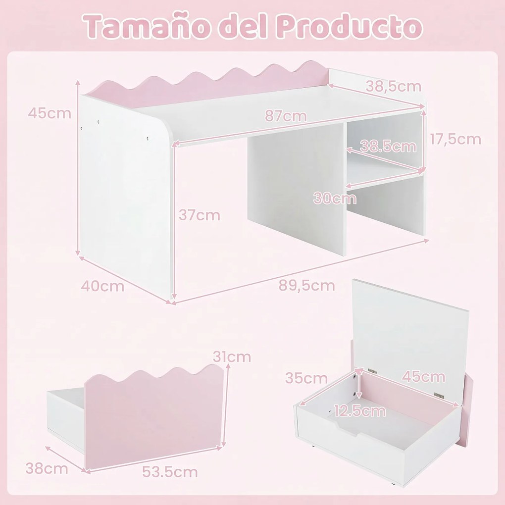 Secretária Infantil com Estante Aberta, 89,5 x 40 x 45 cm, Caixa de Arrumação com Rodas, Rosa