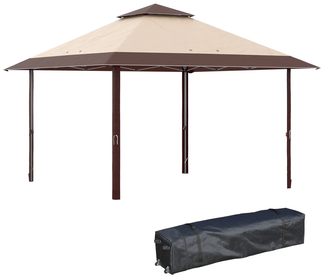 Outsunny Tenda Dobrável 3,85x3,85 m Tenda de Jardim com Telhado Duplo Altura Ajustável para Festas Casamentos Cáqui e Café