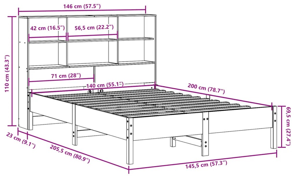 Cama com estante sem colchão 140x200 cm pinho maciço branco