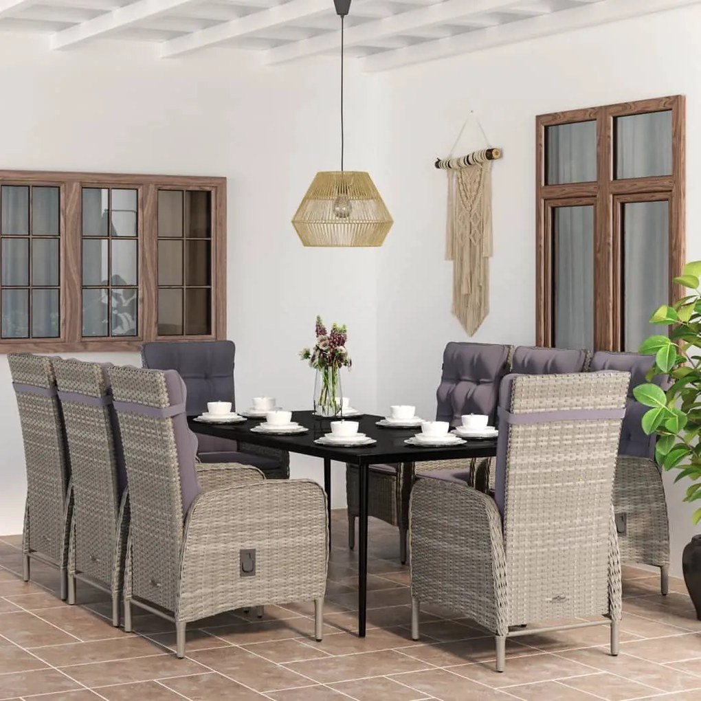 9 pcs conjunto de jantar para jardim c/ almofadões cinza/preto
