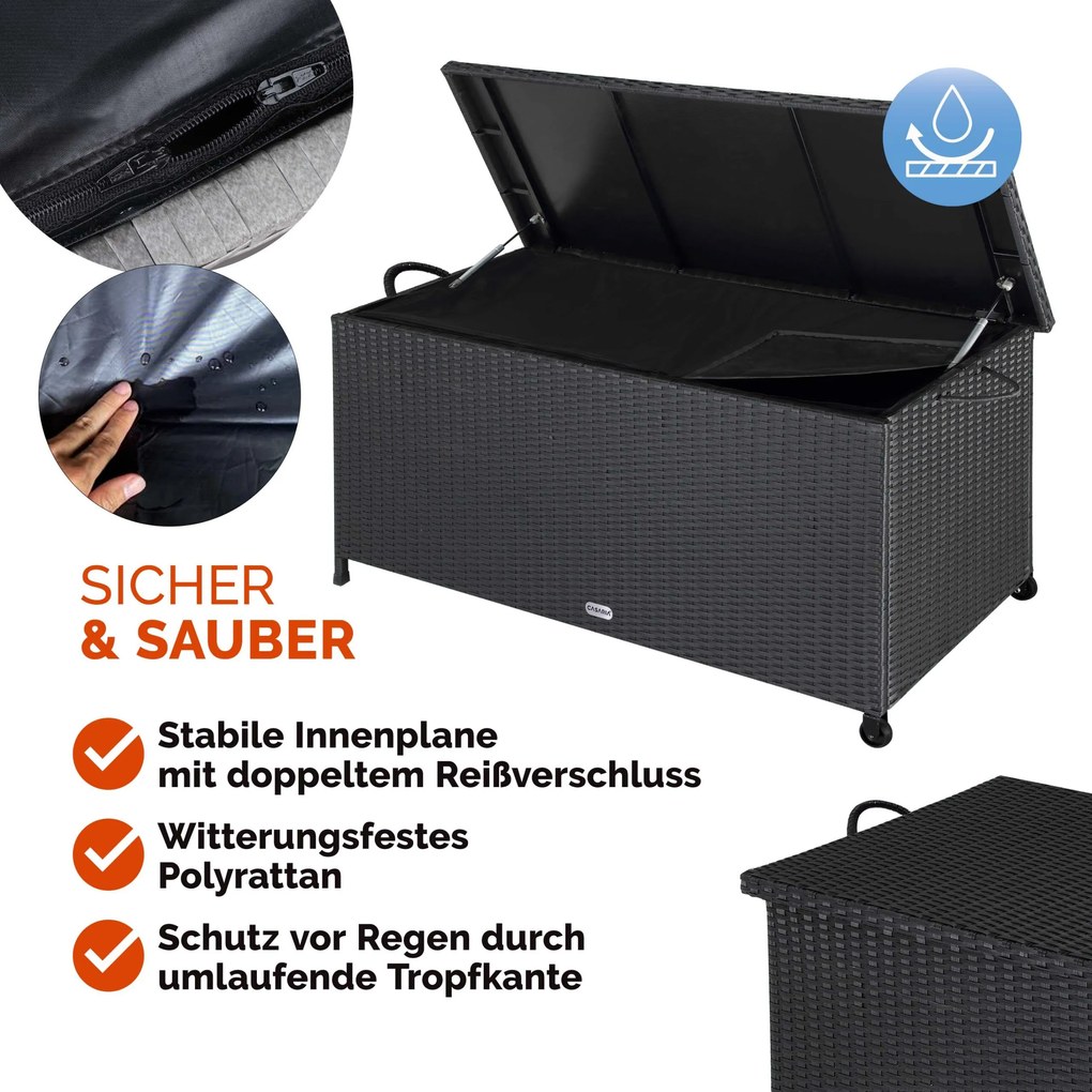 Caixa exterior para almofadas Polyrattan 117x53x60cm com Pegas Preto