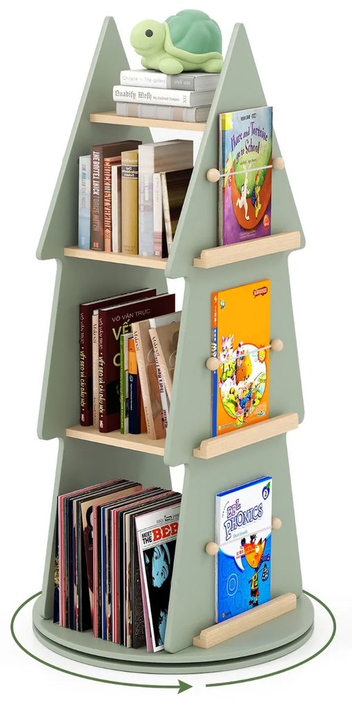 Estante para livros infantis Ø48 x 102 cm giratória 360° Carrossel de livros para crianças com 4 níveis em forma de árvore verde