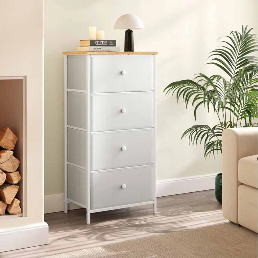 Cómoda com 4 gavetas em tecido e estrutura metálica 30 x 45 x 91,7 cm carvalho e branco