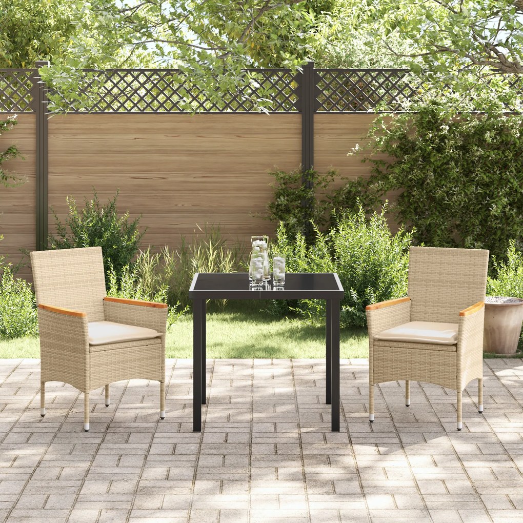 Conjunto de Jantar vidaXL de 3 Peças com Almofadas Bege Rattan Poli