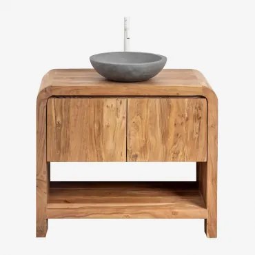 Conjunto De Móvel De Casa De Banho Em Madeira Vacry Castanho Acácia & Cimento Cinzento Redondo Ø40 Cm Tarsis & Sem Espelho & Branco ↑30 Cm Com Válvula