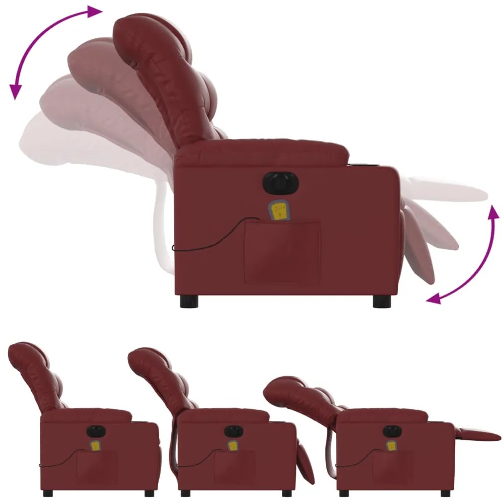 Poltrona massagens reclin. elétrica couro artif. vermelho-tinto