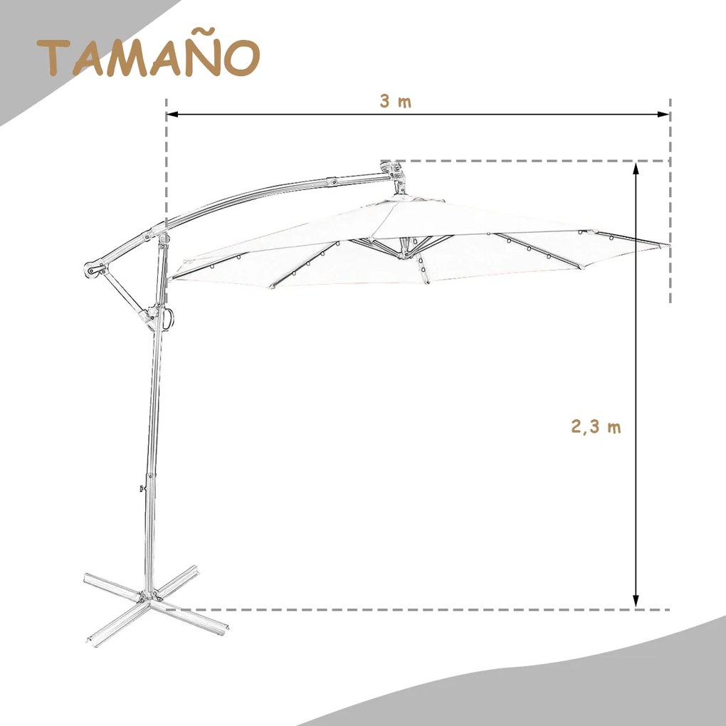 Guarda-sol solar de 3m Com luzes LED e base cruzada para jardim Manivela para rotação 8 Hastes Poste de alumínio Bege