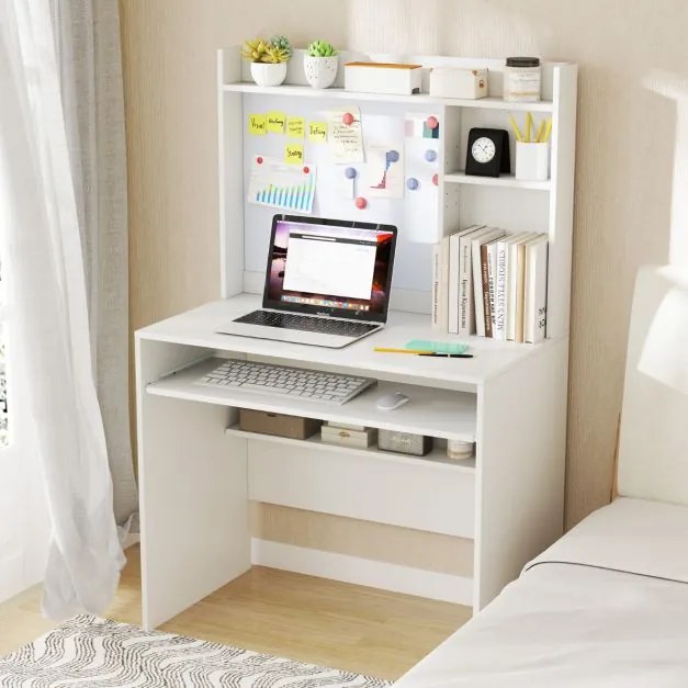 Secretária de computador 89 x 50 x 138 cm com quadro de avisos magnético e com Estante e Tabuleiro para teclado branco