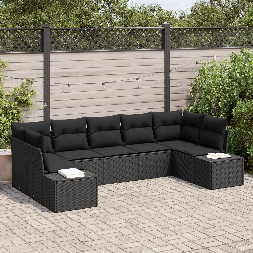 Conjunto de Sofá de Jardim de 7 Peças com Almofadas Preto Rattan Polid