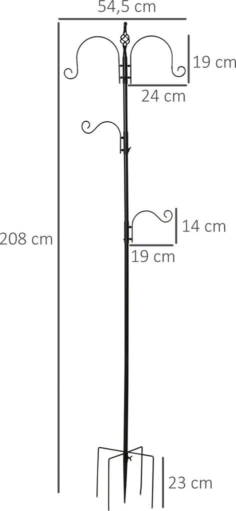 Comedouro decorativo para pássaros, com 4 ganchos, 54,5 x 54,5 x 208 cm, preto