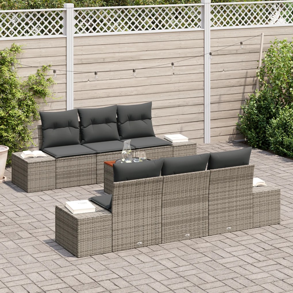 Conjunto de Sofá de Jardim 7 Peças com Almofadas Cinza Rattan Acácia