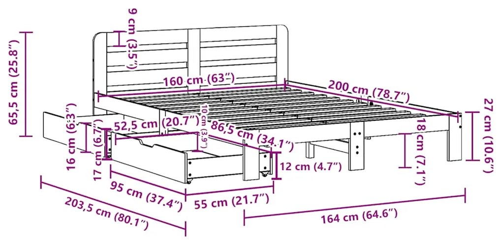 Cama sem colchão 160x200 cm madeira de pinho maciça