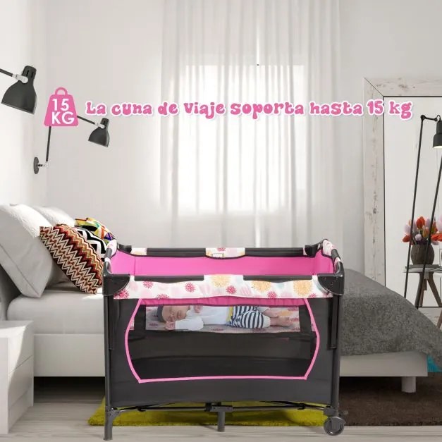 Berço portátil 3 em 1 para crianças com trocador Centro de actividades Centro de actividades com rodas e travões 107 x 72 x 80,5 cm Rosa