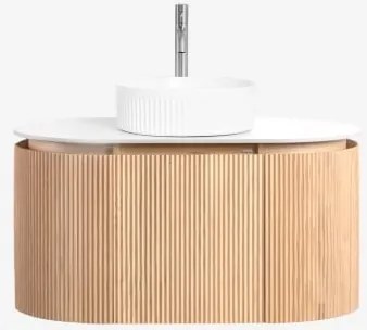 Conjunto De Móvel De Casa De Banho Suspenso 90x50 Cm Em Madeira Carsone Madeira Natural & Sem Unidade Auxiliar & Cerâmica Redonda Riscas Brancas Ø36 C