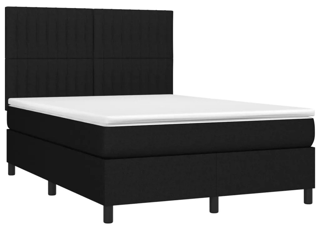 Cama box spring c/ colchão e LED 140x200 cm tecido preto