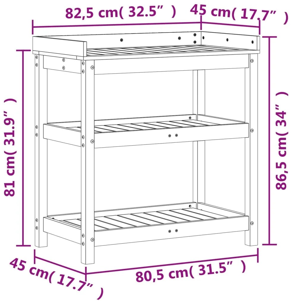 Mesa jardinagem c/ prateleiras 82,5x45x86,5 cm pinho impregnado