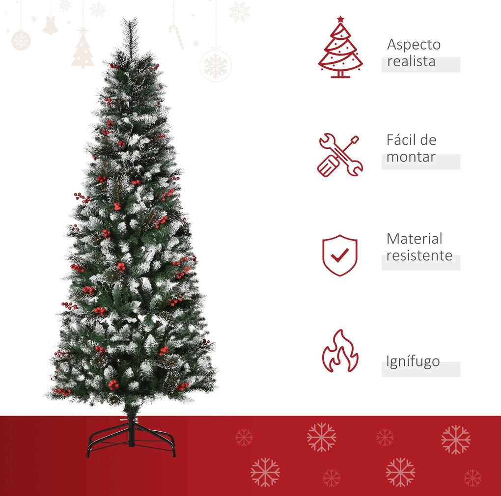 Árvore de Natal Artificial 180cm Ignífugo com 539 Ramos 51 Bagas Folhas de PVC Base Dobrável e Suporte Metálico Decoração de Natal para Interiores Ver