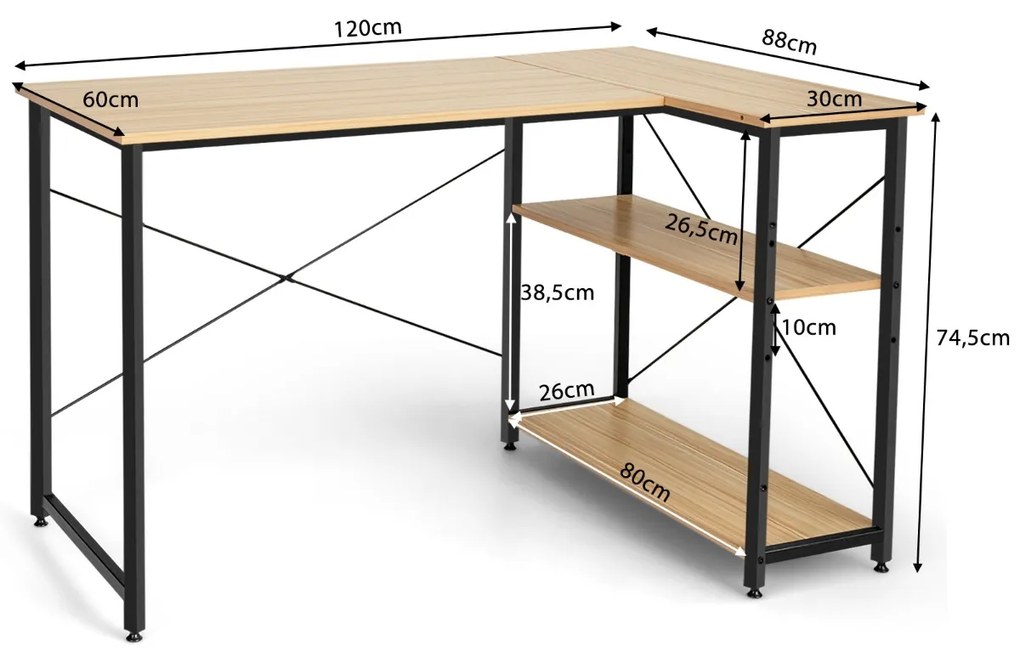 Secretária computador reversível em forma de L com Estantes para Escritório 120 x 88 x 74,5 cm Natural