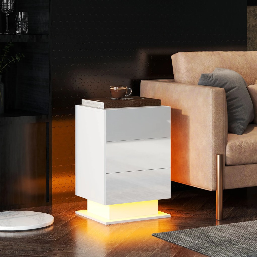 Mesa de Cabeceira com Faixa de Luz LED Multicolor Mesa Auxiliar com 3 Gavetas Estilo Moderno 40x35x60 cm Branco Brilhante