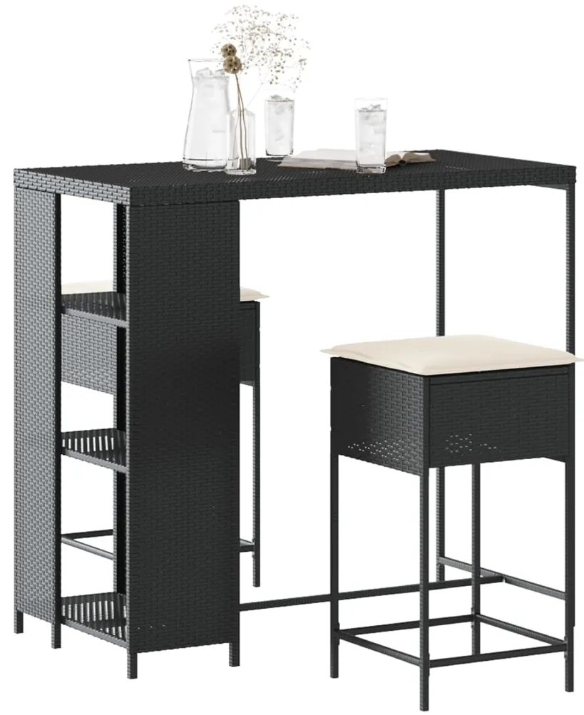3 pcs conjunto de bar para jardim c/ almofadões vime PE preto