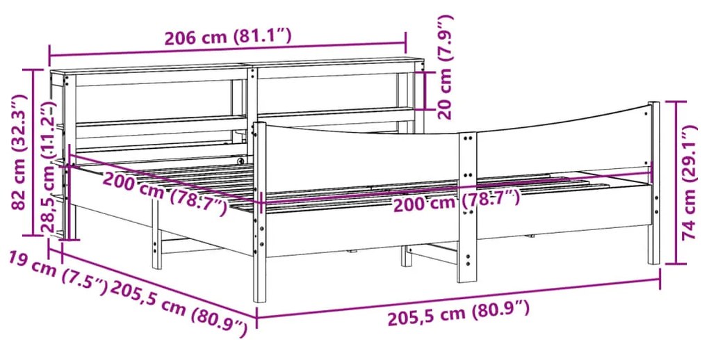 Estrutura cama c/ cabeceira 200x200cm pinho maciço castanho-mel