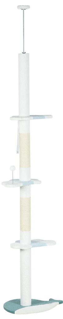 PawHut Arranhador para Gatos do Chão do Teto com Altura Ajustável 3 Plataformas em Forma de Onda Postes de Arranhar e 1 Bola 55x38x225-255 cm Branco