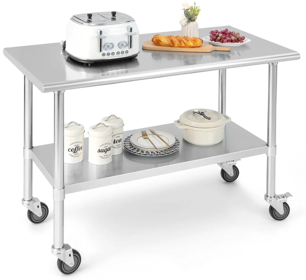 Mesa de preparação cozinha aço inoxidável com 4 rodas pernas galvanizadas prateleira ajustável para cozinha 122 x 61 x 89 cm Prateado