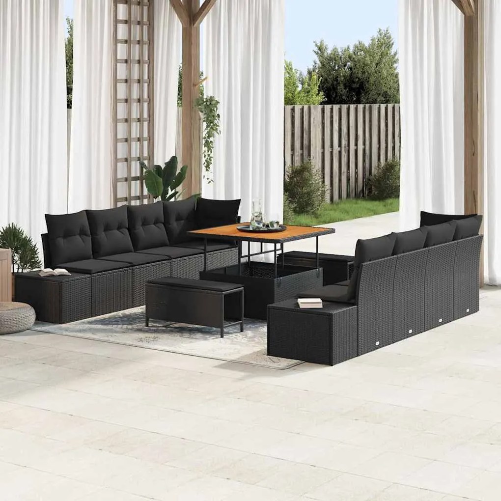 vidaXL Conjunto de Sofá de Jardim com 11 Peças e Almofadas Pretas de Rattan e Poliéster de Acácia