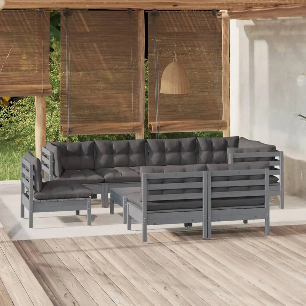 9 pcs conjunto lounge de jardim + almofadões pinho maciço cinza