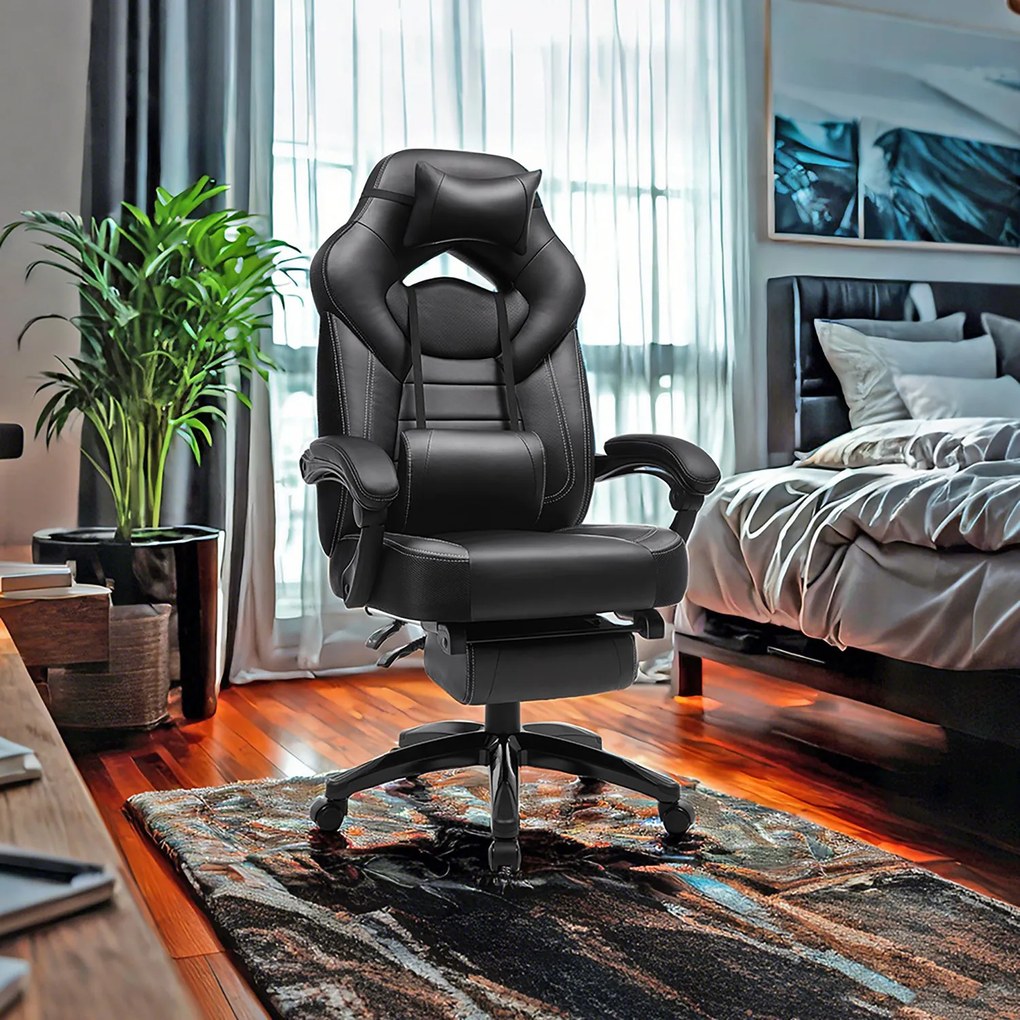 Cadeira ergonómica gaming com apoio para os pés, para escritório 70 x 70 x (122-134) cm, almofadas ajustáveis para a cabeça e a região lombar Preta